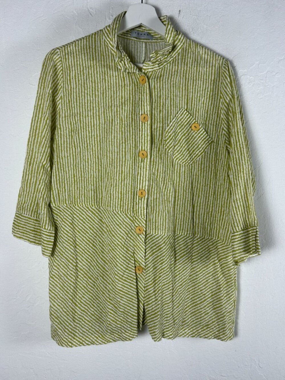 Terra SJ Apparel Women Striped Button Down Tunic Shirt Medium Green Wired Collar